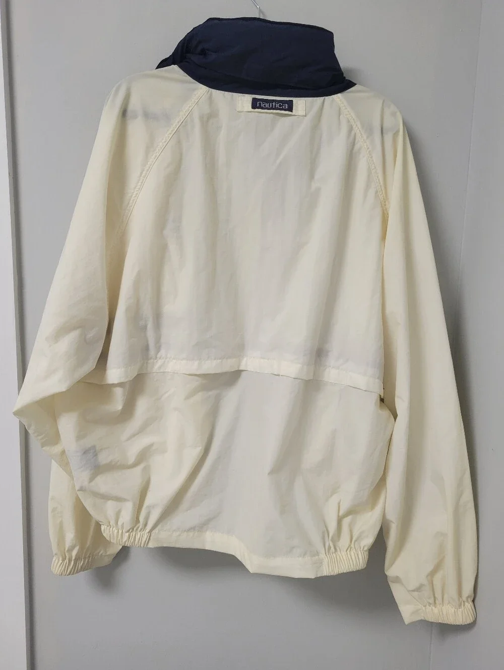 Vintage Nautica Ocean Sportsman Jacket Mens XL Ivory Navy Hidden Hood Sailing